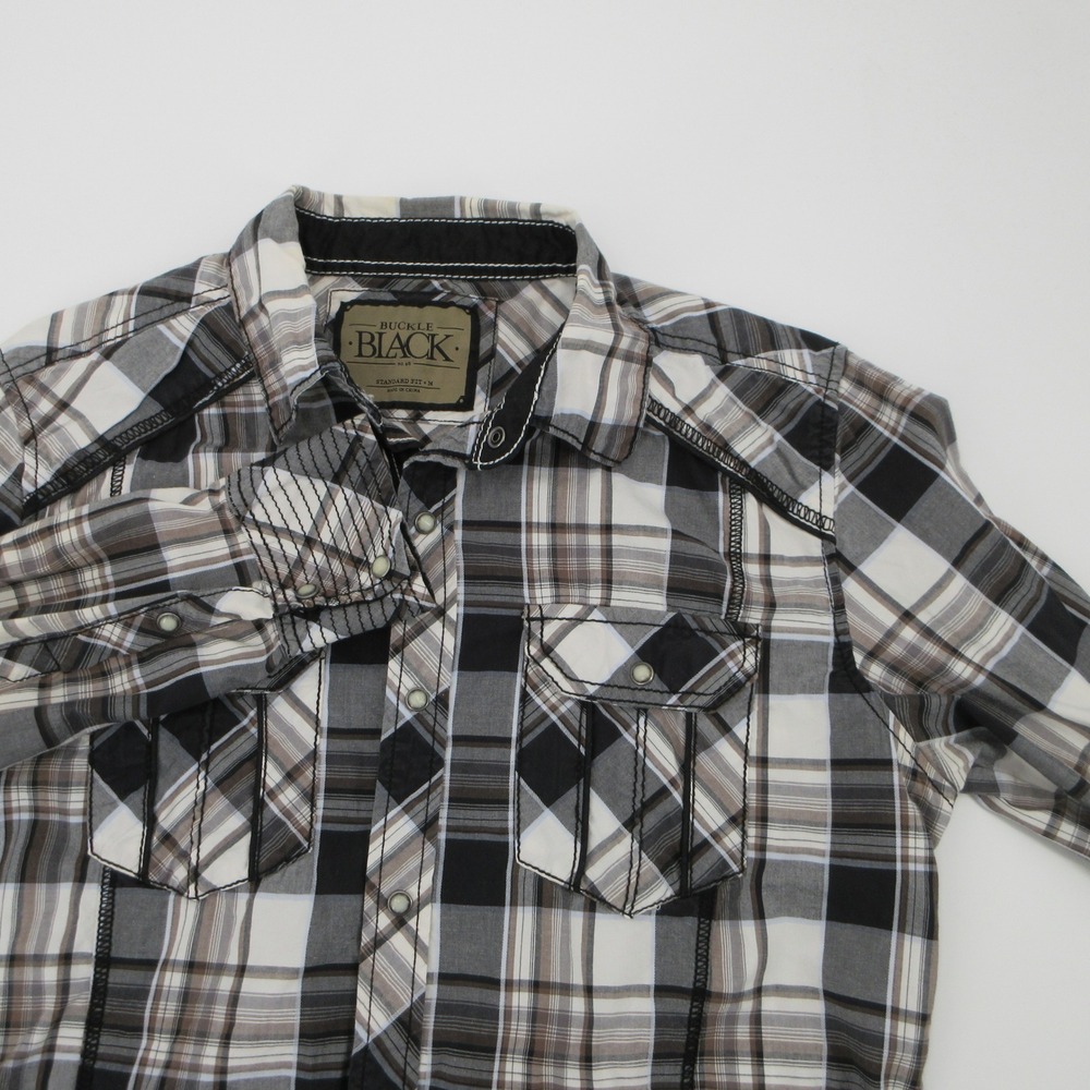 Buckle Black Mens Plaid Long Sleeve Button Down Shirt BB070NM Black White Medium